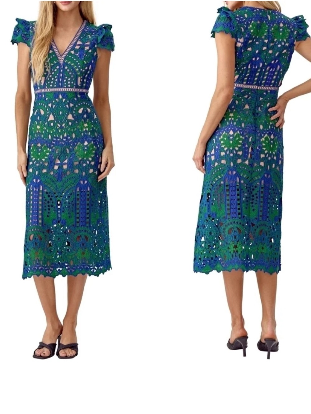Adelyn Rae Lace Midi Dress green/blue lace Sz S